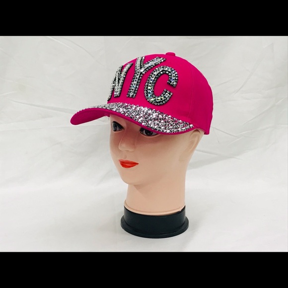 NYC Fashion Rhinestones Bling Studs Golfer Baseball Cap Hot Pink Fuchsia - Picture 2 of 5